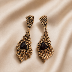 Vintage Black Stone Statement Earrings | Antique Gold Drop Earring