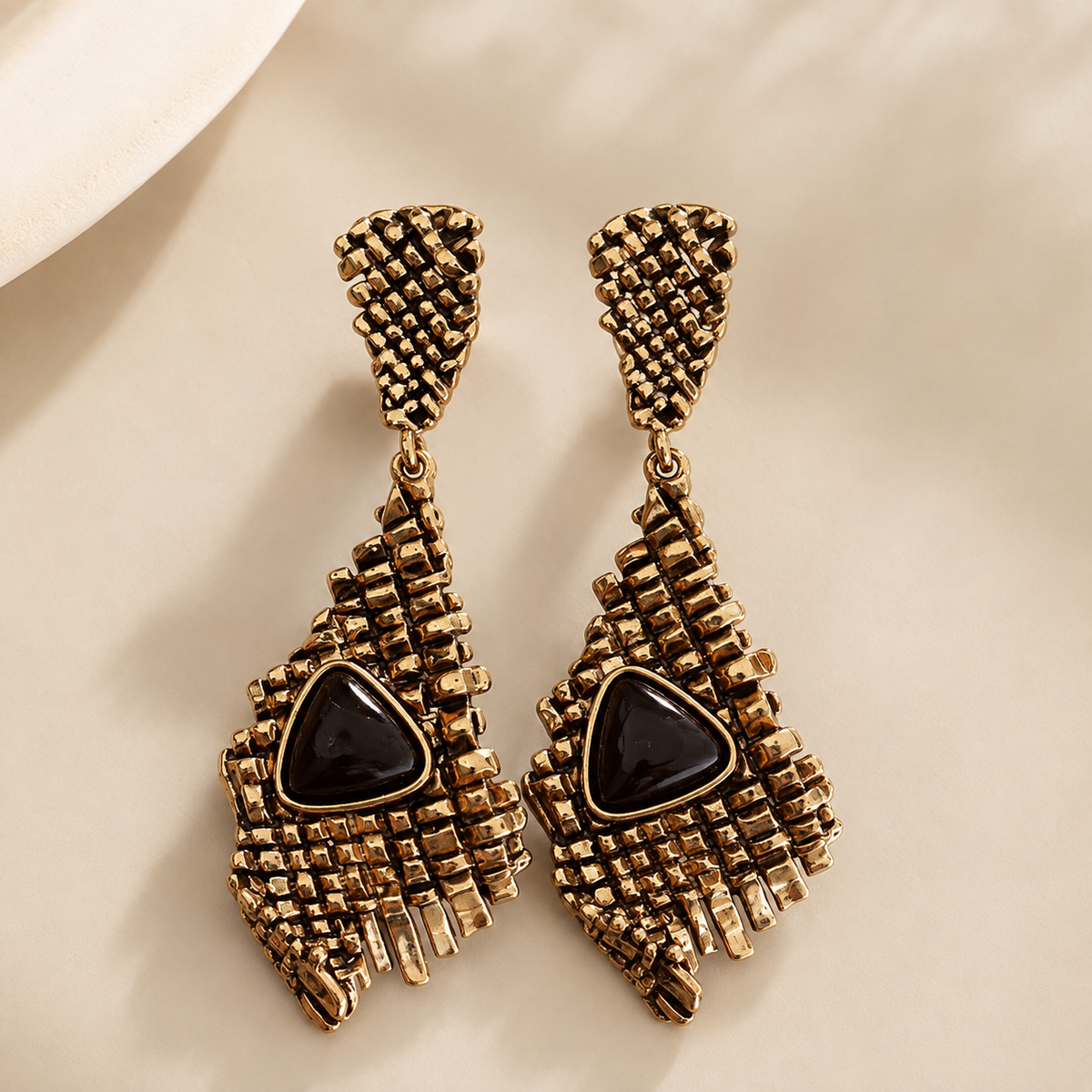 Vintage Black Stone Statement Earrings | Antique Gold Drop Earring