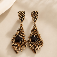Vintage Black Stone Statement Earrings | Antique Gold Drop Earring