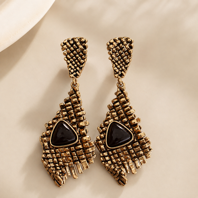 Vintage Black Stone Statement Earrings | Antique Gold Drop Earring