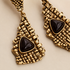 Vintage Black Stone Statement Earrings | Antique Gold Drop Earring