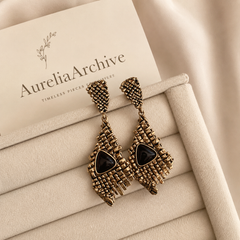 Vintage Black Stone Statement Earrings | Antique Gold Drop Earring