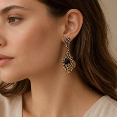 Vintage Black Stone Statement Earrings | Antique Gold Drop Earring