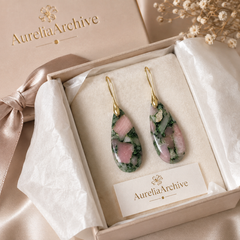 Pink Green Gemstone Drop Earrings | Natural Stone Teardrop Earrings