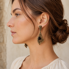 Vintage Black Stone Statement Earrings | Antique Gold Drop Earring