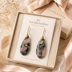 Pink Green Gemstone Drop Earrings | Natural Stone Teardrop Earrings