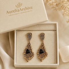 Vintage Black Stone Statement Earrings | Antique Gold Drop Earring
