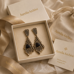 Vintage Black Stone Statement Earrings | Antique Gold Drop Earring