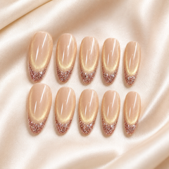 Champagne Gold Glitter French Tip Press On Nails | Almond Bridal Fake Nails