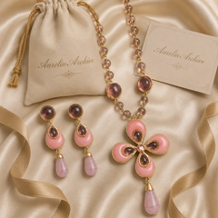 Pink Crystal Flower Necklace & Earrings Set | Vintage Gold Jewelry