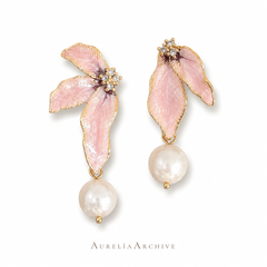 Pink Flower Pearl Drop Earrings | Gold Floral Statement Jewelry