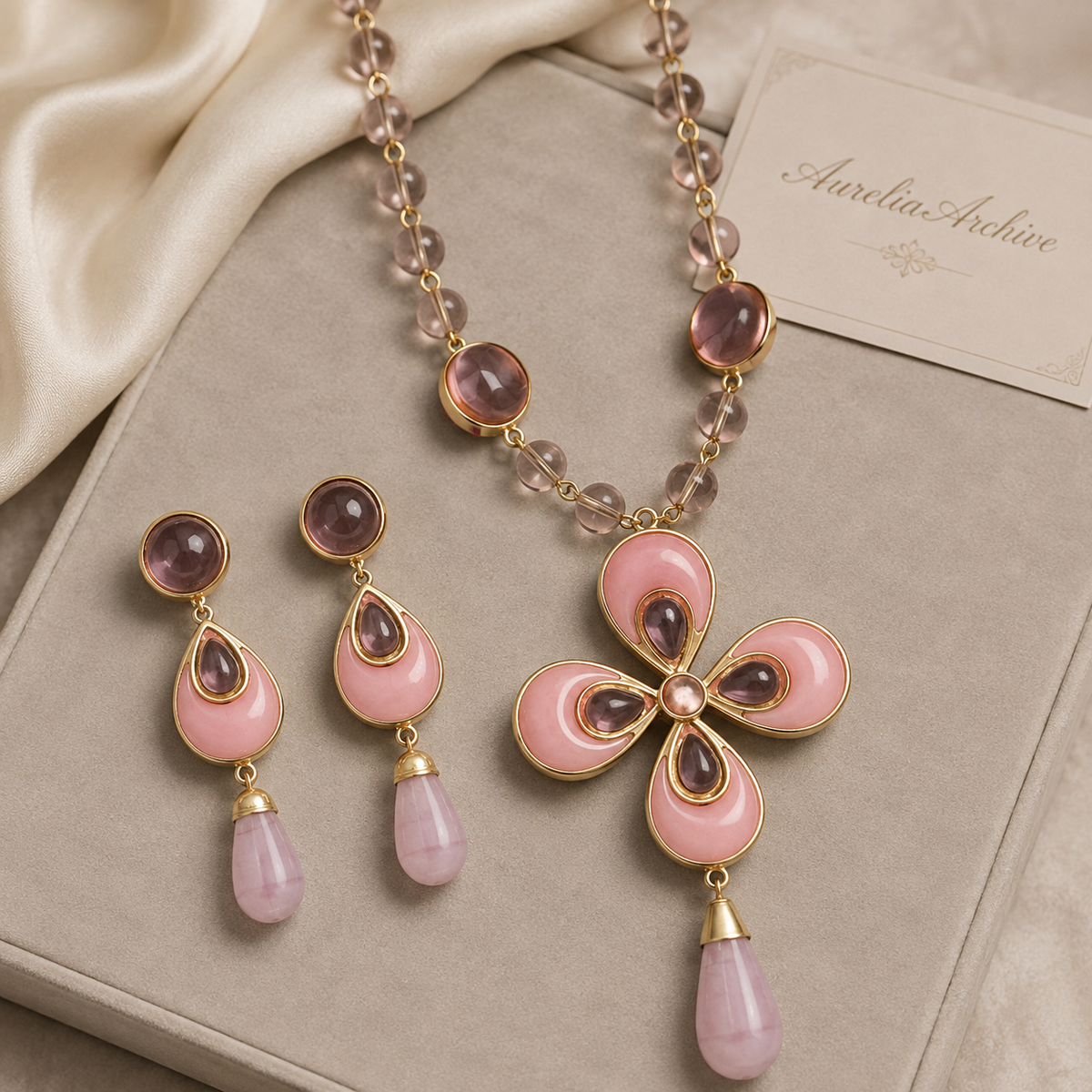 Pink Crystal Flower Necklace & Earrings Set | Vintage Gold Jewelry