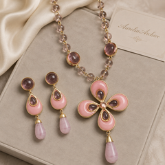 Pink Crystal Flower Necklace & Earrings Set | Vintage Gold Jewelry