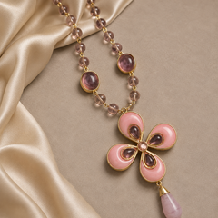 Pink Crystal Flower Necklace & Earrings Set | Vintage Gold Jewelry