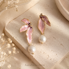 Pink Flower Pearl Drop Earrings | Gold Floral Statement Jewelry