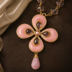 Pink Crystal Flower Necklace & Earrings Set | Vintage Gold Jewelry