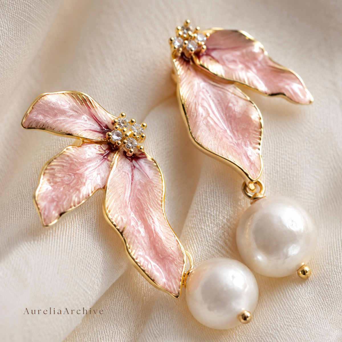 Pink Flower Pearl Drop Earrings | Gold Floral Statement Jewelry