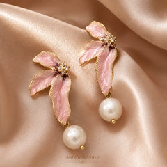 Pink Flower Pearl Drop Earrings | Gold Floral Statement Jewelry