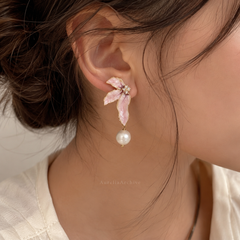 Pink Flower Pearl Drop Earrings | Gold Floral Statement Jewelry
