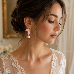 Pink Flower Pearl Drop Earrings | Gold Floral Statement Jewelry