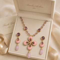 Pink Crystal Flower Necklace & Earrings Set | Vintage Gold Jewelry