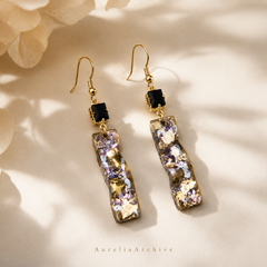 Vintage Black Crystal Drop Earrings | Handmade Gold Resin Floral Earrings