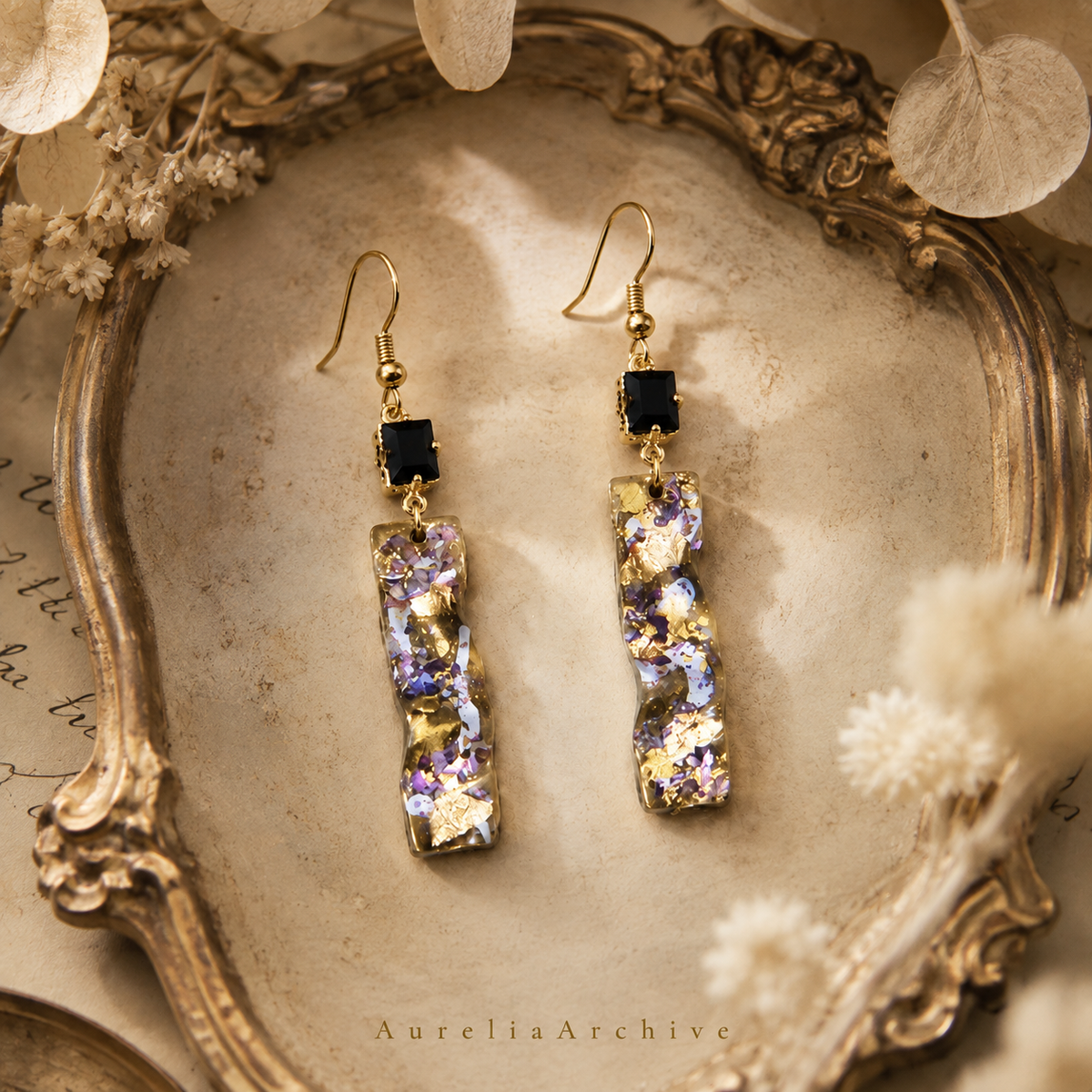 Vintage Black Crystal Drop Earrings | Handmade Gold Resin Floral Earrings