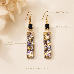 Vintage Black Crystal Drop Earrings | Handmade Gold Resin Floral Earrings
