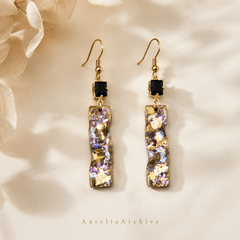 Vintage Black Crystal Drop Earrings | Handmade Gold Resin Floral Earrings