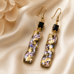 Vintage Black Crystal Drop Earrings | Handmade Gold Resin Floral Earrings