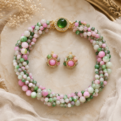 Pink Green Gemstone Necklace Set | Handmade Beaded Jewelry & Earrings