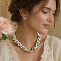 Pink Green Gemstone Necklace Set | Handmade Beaded Jewelry & Earrings