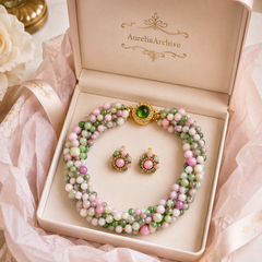 Pink Green Gemstone Necklace Set | Handmade Beaded Jewelry & Earrings