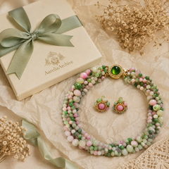 Pink Green Gemstone Necklace Set | Handmade Beaded Jewelry & Earrings