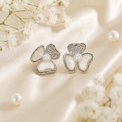 Silver Faux Pearl Bow Stud Earrings