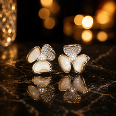 Silver Pearl Bow Stud Earrings | Bridal Flower Earrings for Women