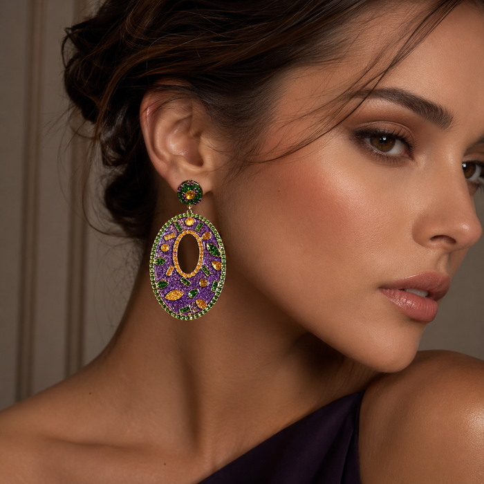 Colorful Rhinestone Statement Earrings | Purple Green Gold Dangle Earrings