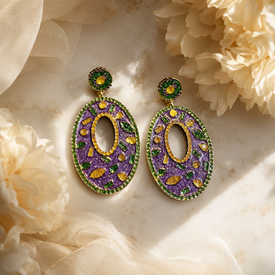 Colorful Rhinestone Statement Earrings – Purple Green Gold