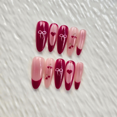 Burgundy Cherry Bow Press-On Nails
