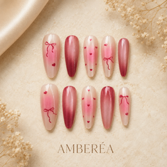 Romantic Bow Heart Cat Eye Press-On Nails