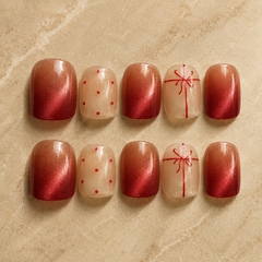 Red Ribbon Cat Eye Press-On Nails