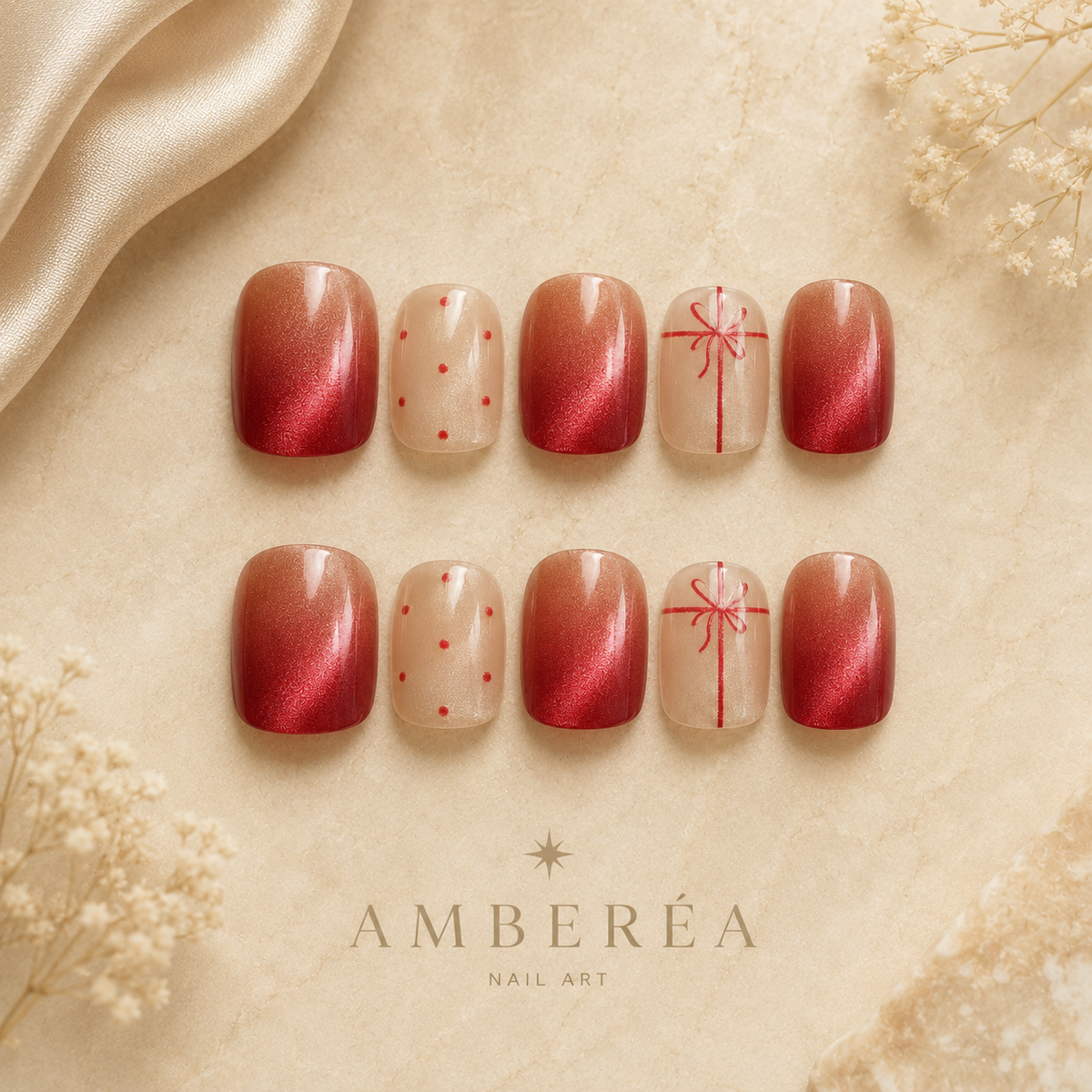 Red Ribbon Cat Eye Press-On Nails