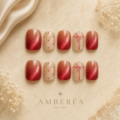Red Ribbon Cat-Eye Press-On Nails
