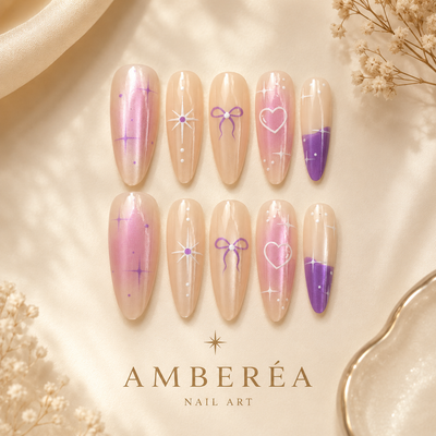 Purple Bow Heart Cat-Eye Press-On Nails