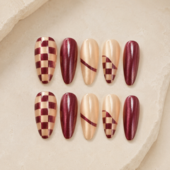Burgundy Checker Cat Eye Press-On Nails