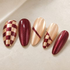 Burgundy Checker Cat Eye Press-On Nails