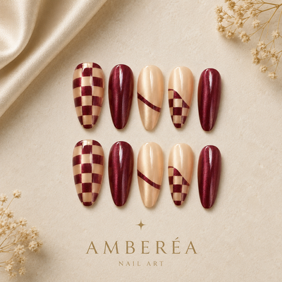 Burgundy Checker Cat-Eye Press-On Nails