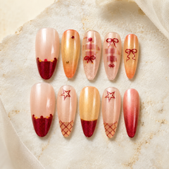 Orange Burgundy Bow Cat Eye Press-On Nails