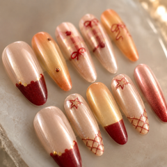 Orange Burgundy Bow Cat Eye Press-On Nails