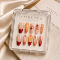 Orange Burgundy Bow Cat Eye Press-On Nails